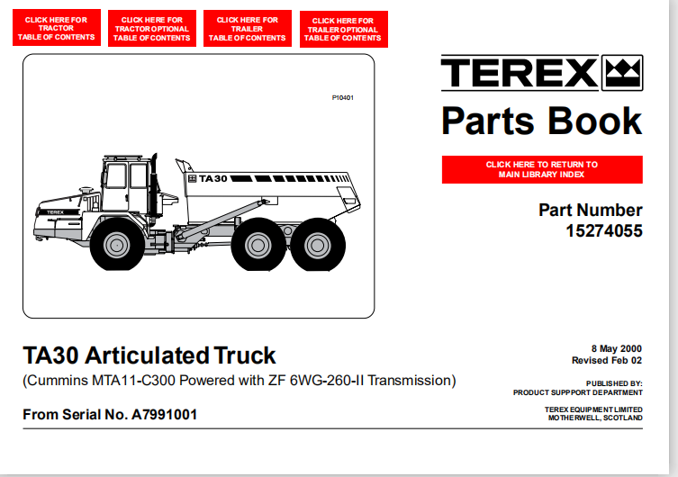 Terex Ta30 Articulated Dump Truck Parts Catalog Manual