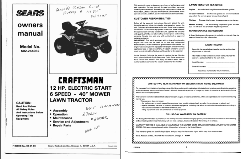 Craftsman Lawn Tractor 12hp Owners Manual SN 502 254982 - DOWNLOAD