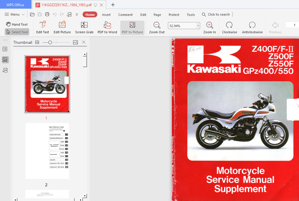 1983-1985 Kawasaki Gpz400 Gpz550 Z400f Z500f Z550f Service Repair 