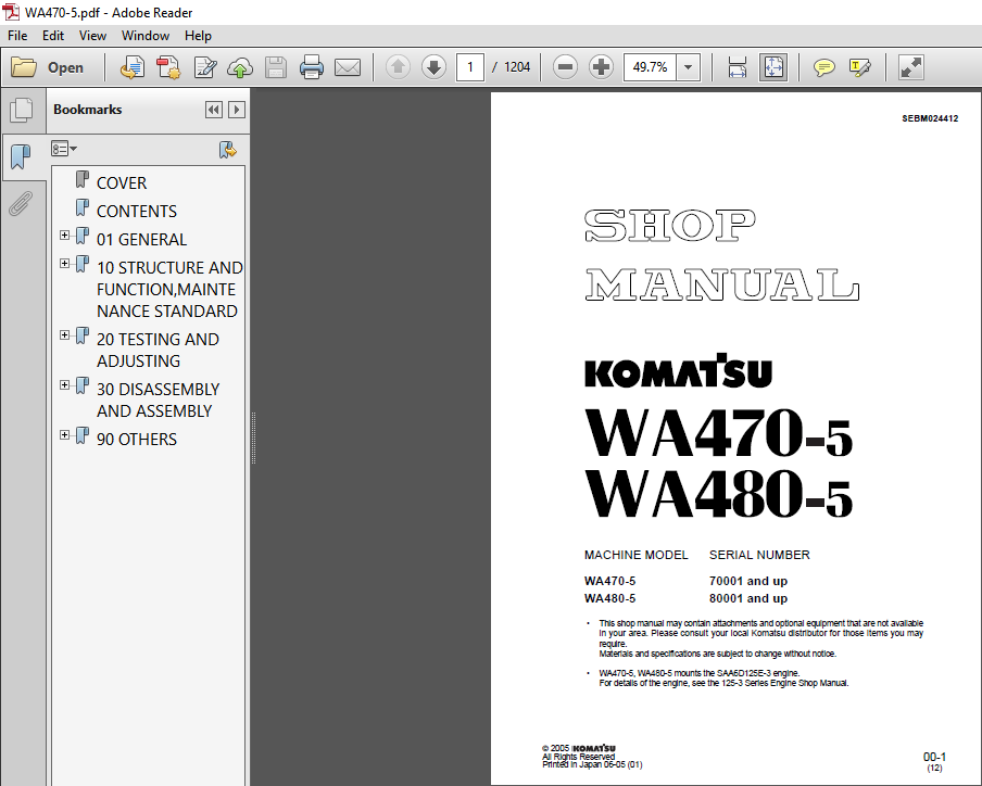 Komatsu WA470-5 & WA480-5 Wheeled Loader Workshop Manual 