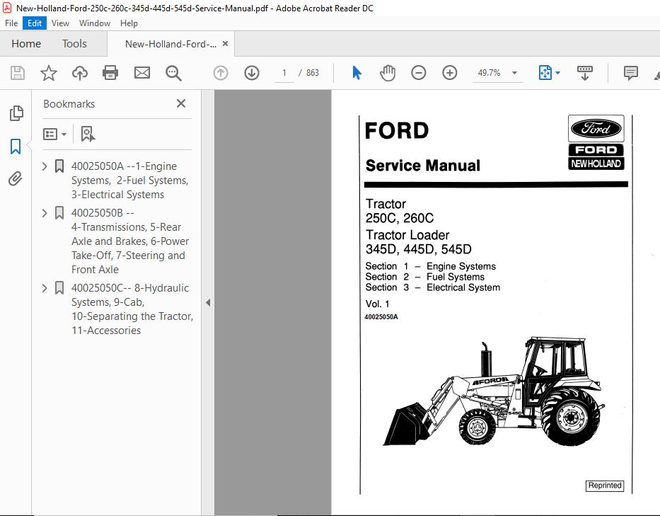 Service Repair Shop Manual for Ford New Holland 250C 260C Industrial Tractor Set 