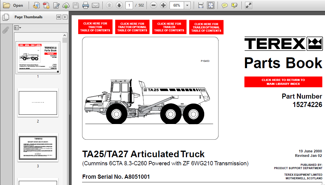 Terex TA25/TA27 Articulated Dump Truck Parts Manual Book Catalog List A7581001 