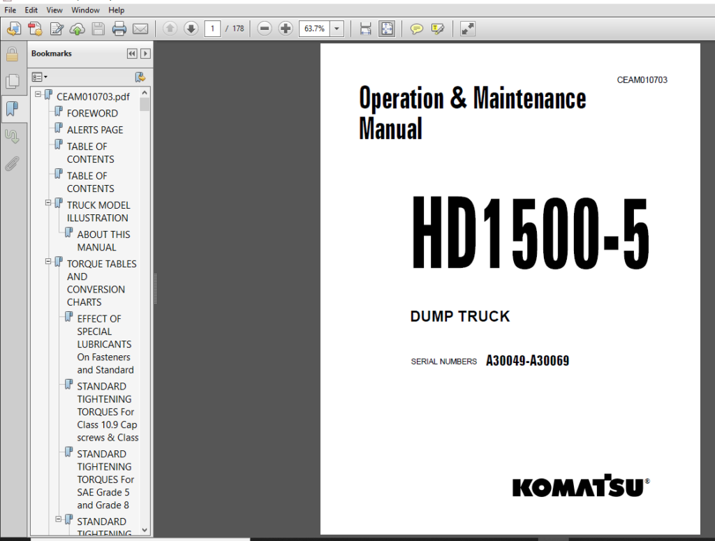 Komatsu HD15005 Dump Truck Operation & Maintenance Manual SERIAL