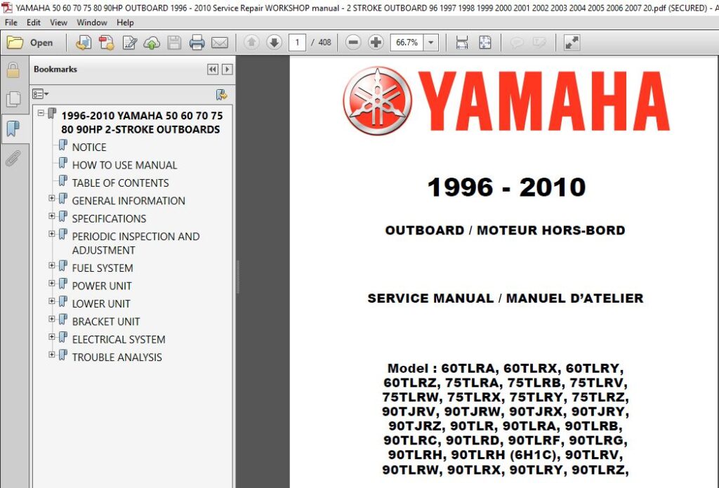1996 2010 Yamaha 50 60 70 75 80 90HP 2 Stroke Outboard Repair Manual