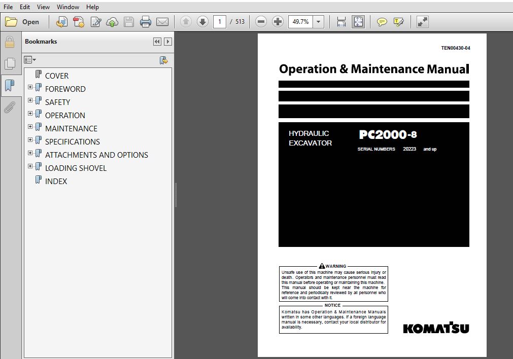 Komatsu Pc00 8 Hydraulic Excavator Operation Maintenance Manual Sn 223 Up Komatsu Pc00 8 Pdf Download Heydownloads Manual Downloads