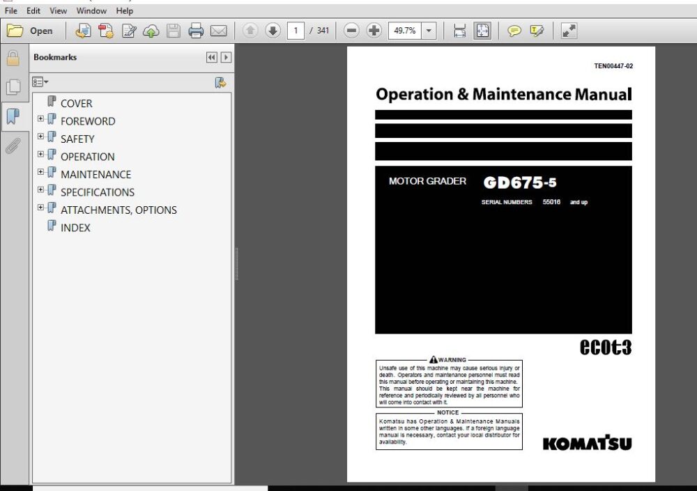 Komatsu Motor Grader GD675-5 Operation & Maintenance Manual SN 55016
