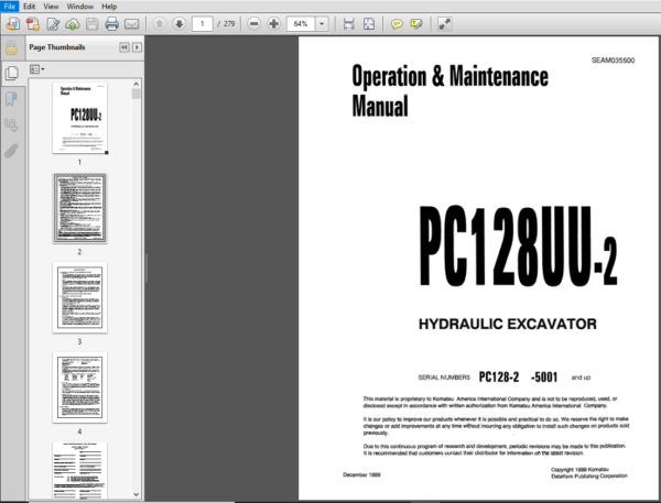 KOMATSU PC128UU-2 EXCAVATOR OPERATION & MAINTENANCE BOOK MANUAL S/N 5001-UP