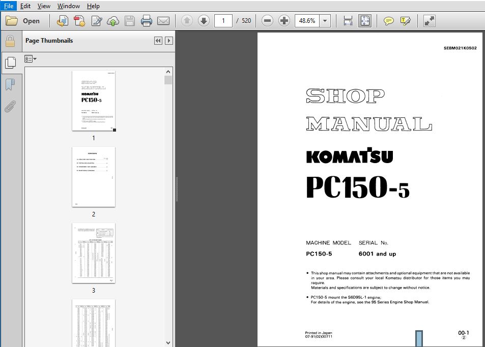 Komatsu PC150-5 Hydraulic Excavator Shop Manual SN 6001 and up - PDF