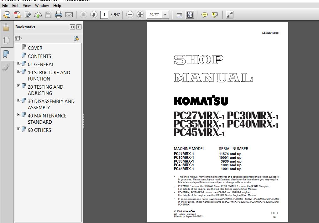 Werkstatthandbuch Komatsu PC30MRX-1 PC40MRX-1 Shop Manual 