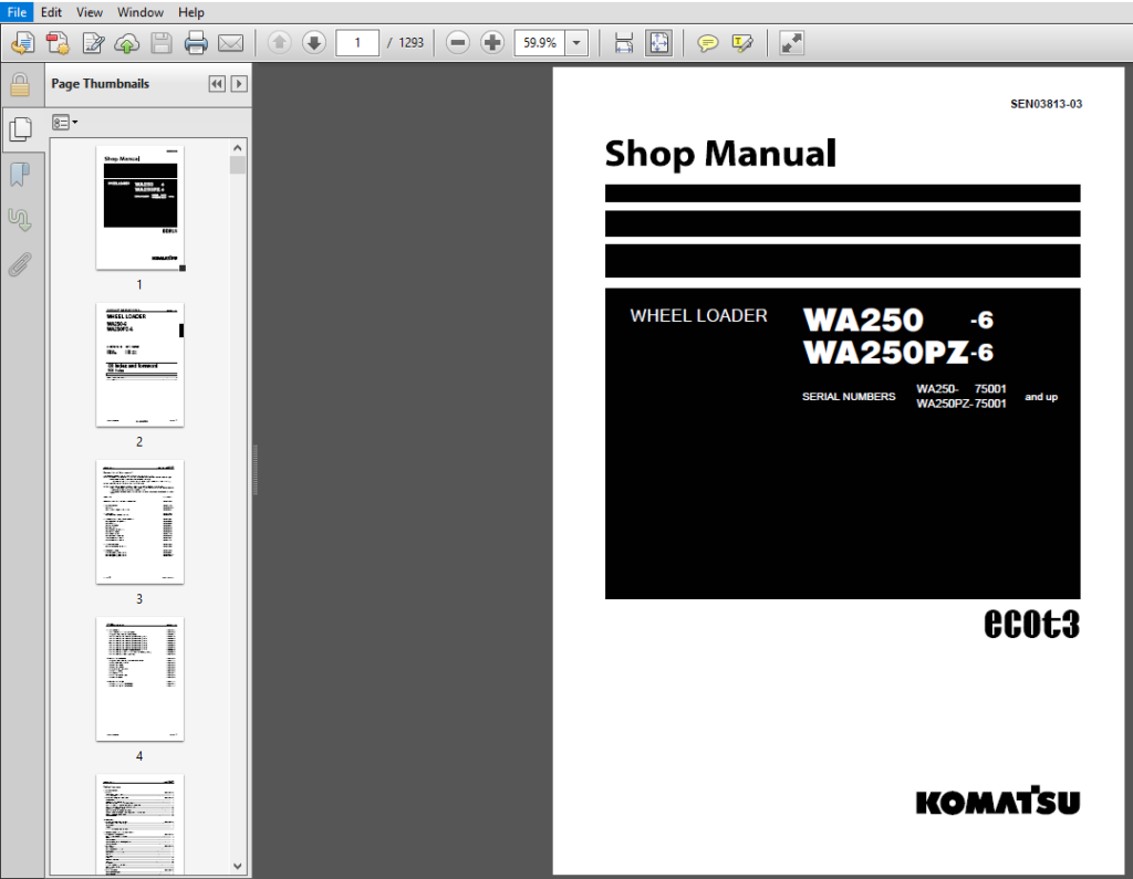 Komatsu WA2506, WA250PZ6 Wheel Loader Shop Manual SEN0381303 PDF