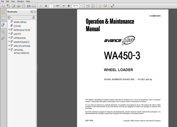 Komatsu WA450-3 Wheel Loader Operation & Maintenance Manual s/n A31001 & Up 