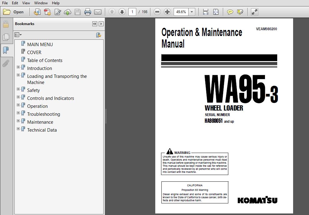 Komatsu Wheel Loader WA95-3 Operation & Maintenance Manual SN HA980051 and up - PDF DOWNLOAD