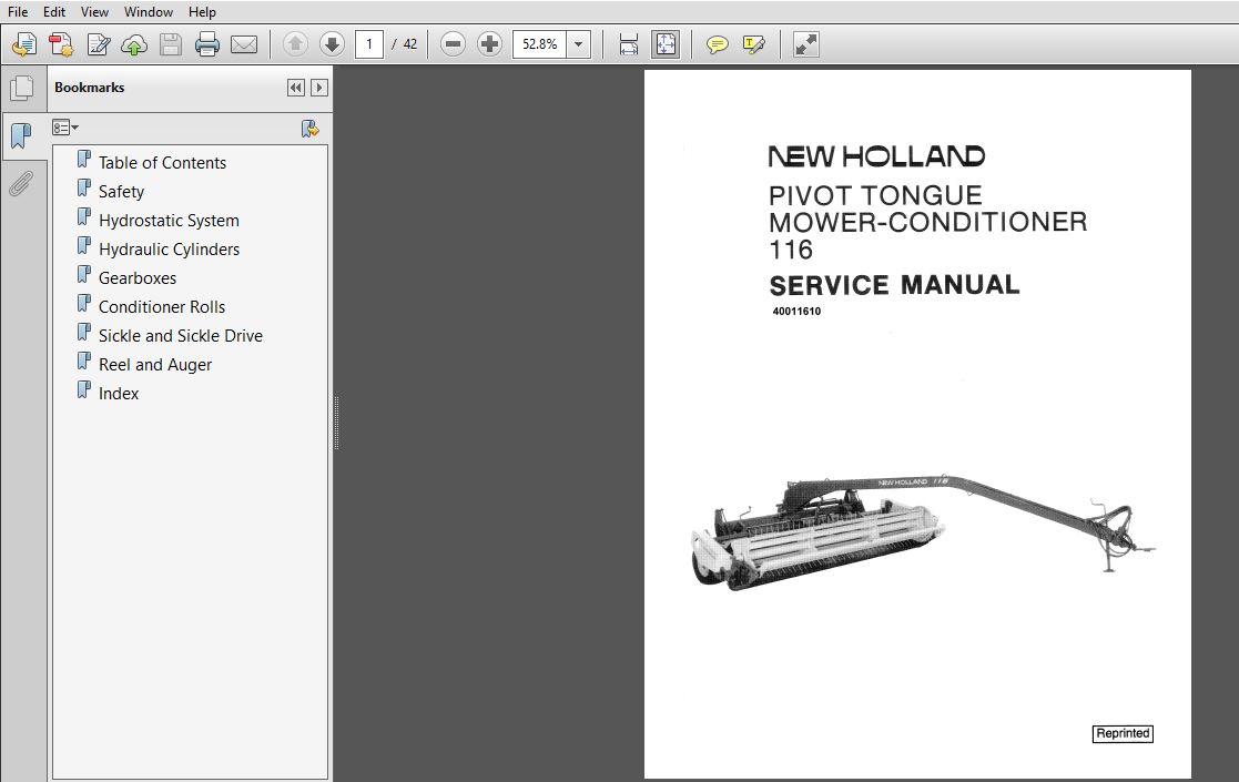 New Holland 116 Pivot Tongue Mower Conditioner Service Manual (40011610