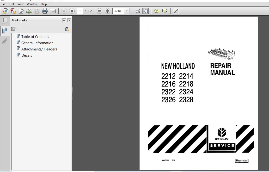 New Holland Swather Header 2322 2324 2326 2328 Operator's Manual 
