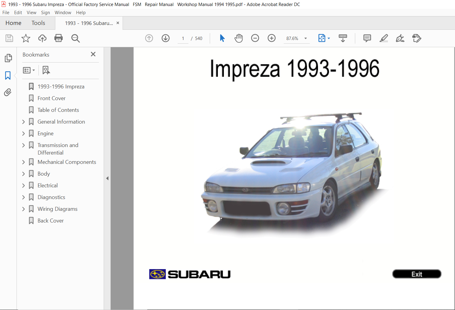 1993 1996 Subaru Impreza Official Factory Service Manual FSM Repair