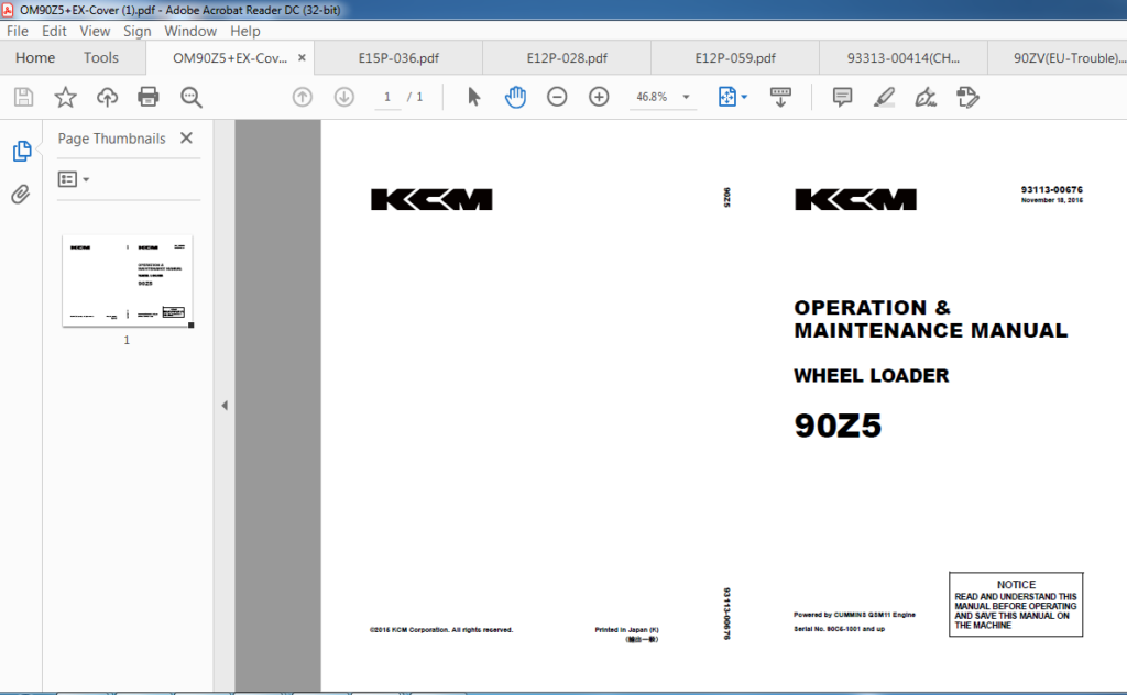 Kawasaki Wheel Loader 90ZV Circuit Diagram + Workshop Manual + Parts Catalog Manual