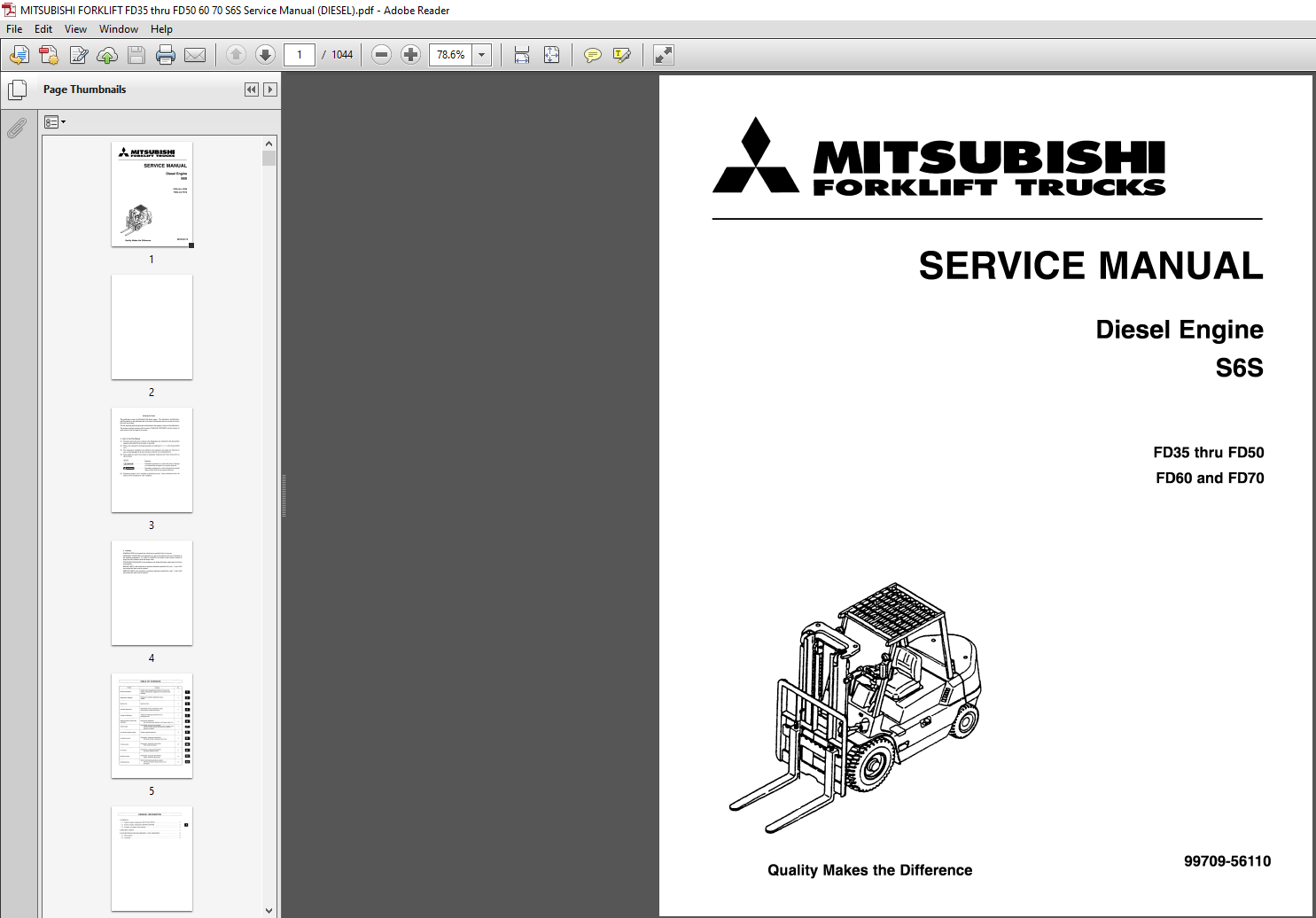 Mitsubishi Forklift S6S Diesel Engine FD35 Thru FD50 FD60 FD70 