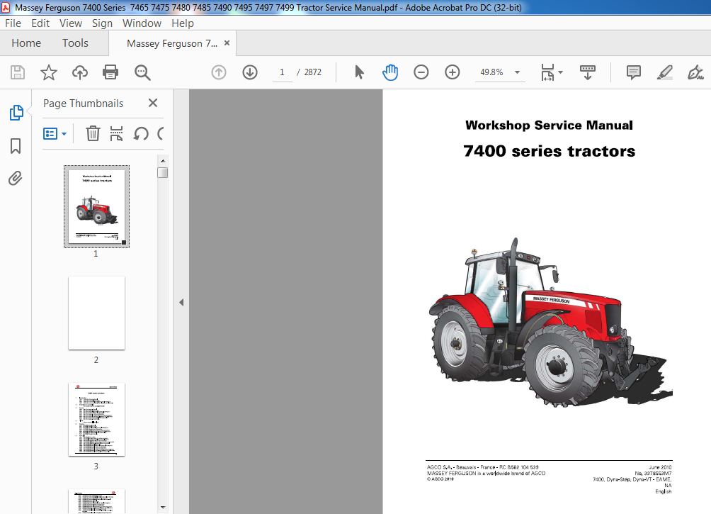 MF Massey Ferguson Tractor manuales de taller serie 7400 