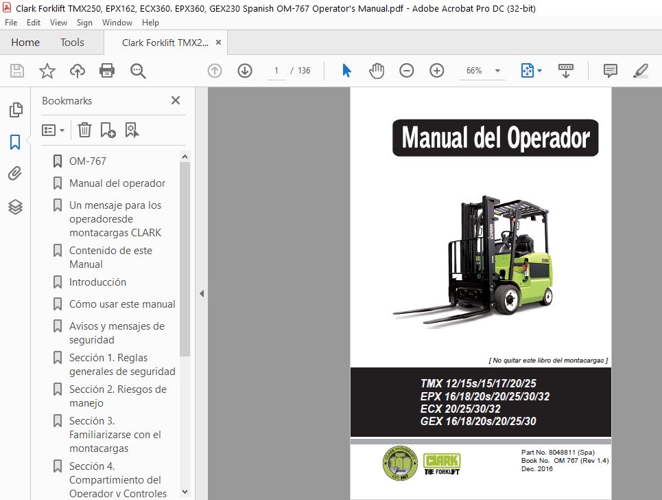 cordura Infectar Herencia Clark Forklift TMX250, EPX162, ECX360. EPX360, GEX230 Spanish OM-767  Operator's Manual - HeyDownloads - Manual Downloads