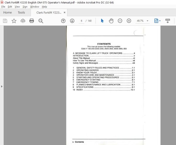 Clark Forklift Y2235 English OM-575 Operator’s Manual - HeyDownloads ...