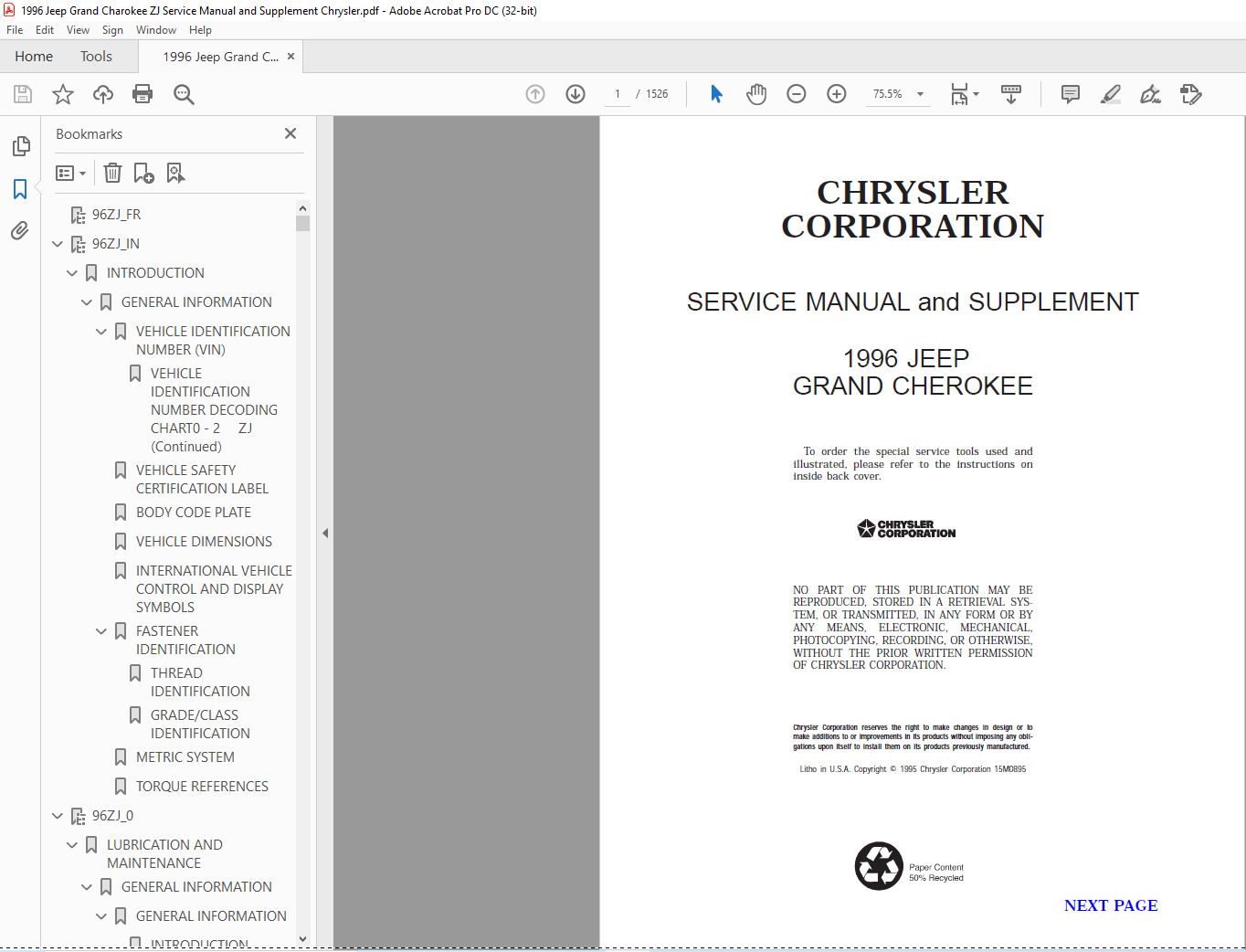 1996 Jeep Grand Cherokee Service Manual and Supplement - PDF DOWNLOAD -  HeyDownloads - Manual Downloads