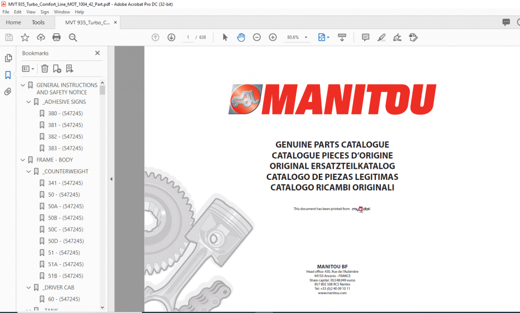 Manitou MVT 935 COMFORT LINE MOT 1004 4 Parts Catalogue Manual - PDF 