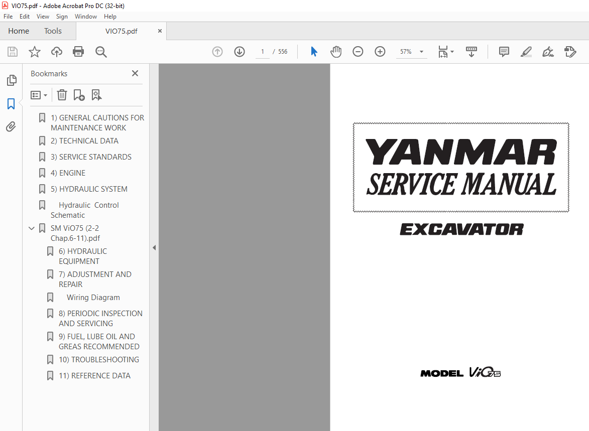 Workshop Manual. Yanmar Vio 75 Excavator Mini digger 