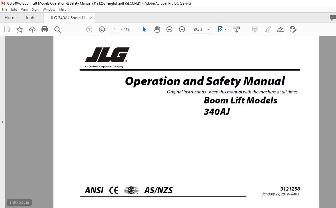 JLG 340AJ Boom Lift Models Operation & Safety Manual (3121258)PDF