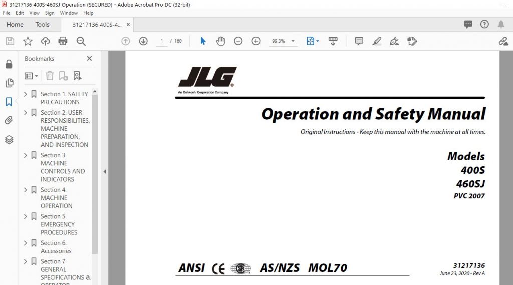 JLG 400S 460SJ PVC 2007 Operation & Safety Manual (31217136)