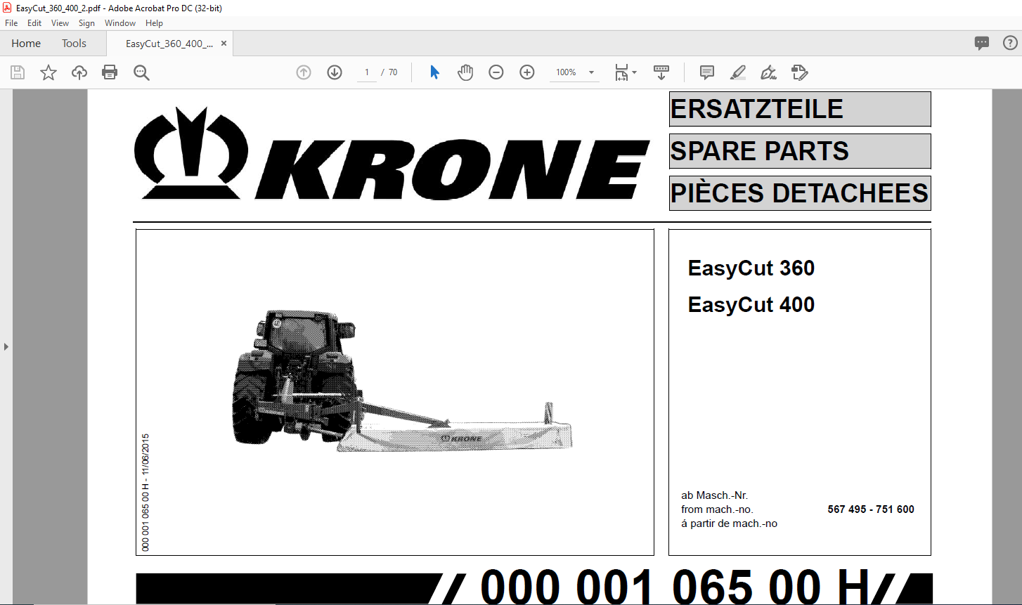 KRONE EasyCut 360 EasyCut 400 SPARE PARTS MANUAL - PDF DOWNLOAD 