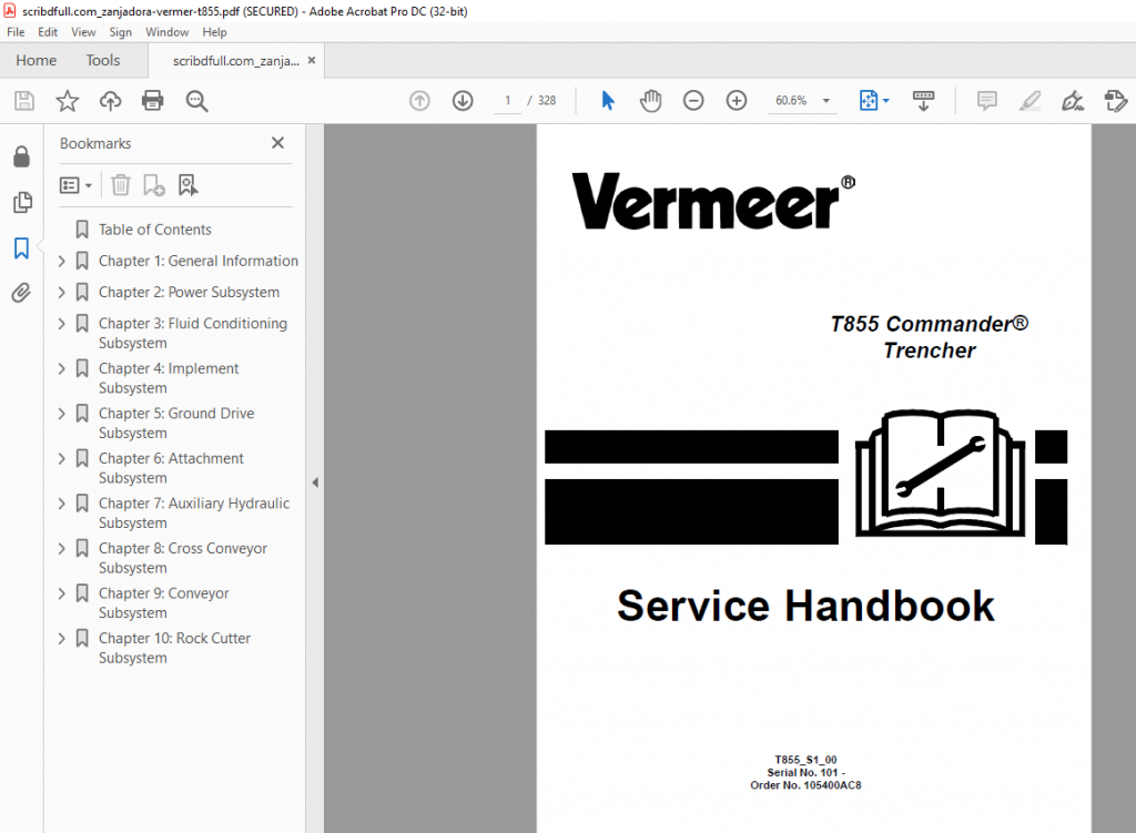 Vermeer T855 Commander Trencher Service Handbook Manual PDF DOWNLOAD