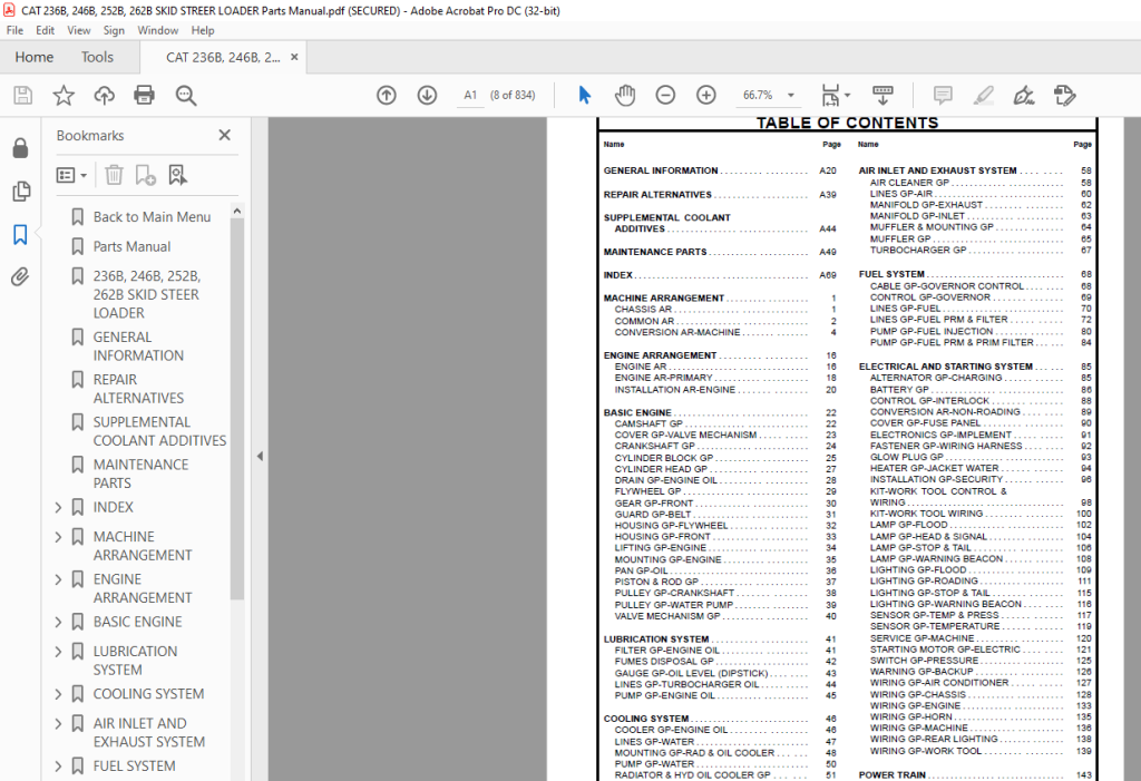 Caterpillar 236B 246B 252B 262B Skid Steer Loader Parts Manual