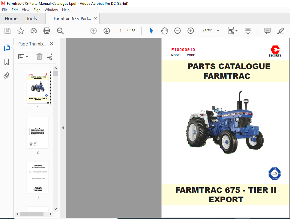 Farmtrac 675 Tier II Parts Catalogue Manual PDF DOWNLOAD
