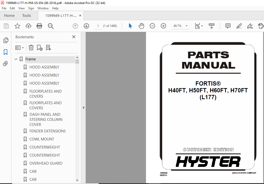 Hyster FORTIS® H40FT H50FT H60FT H70FT (L177) Parts Manual PDF