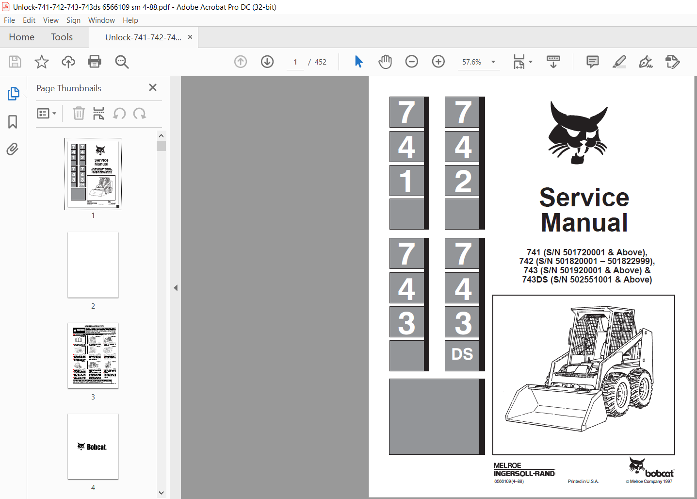 Bobcat 741 742 743 743DS Service Manual 6566109 (4–88) - PDF DOWNLOAD -  HeyDownloads - Manual Downloads