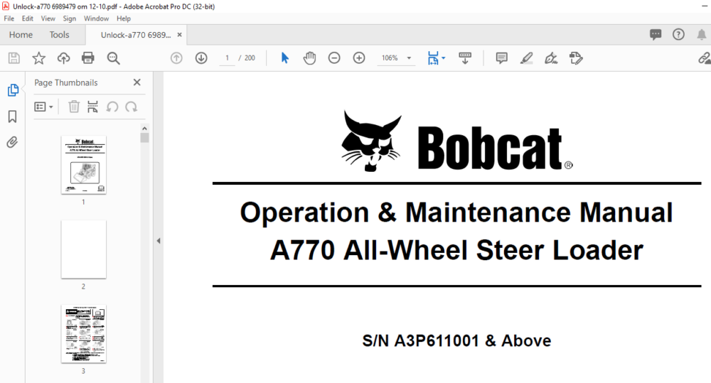 Bobcat A770 All-Wheel Steer Loader Operation &amp; Maintenance Manual 770 ...