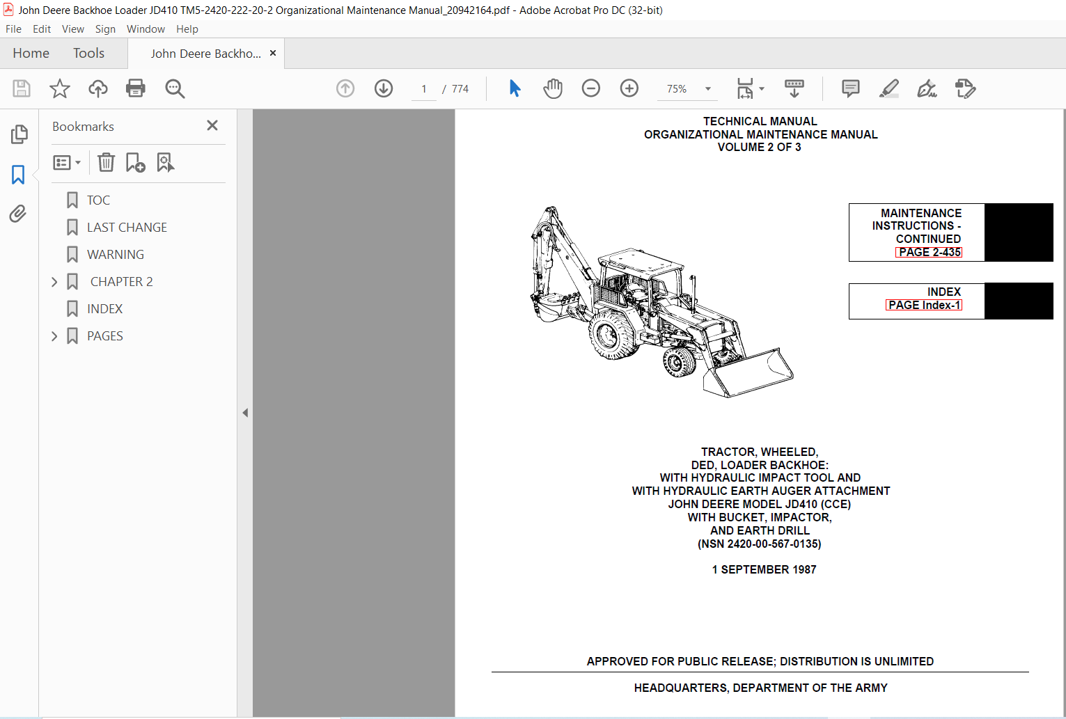 John Deere Backhoe Loader JD410 Organizational Maintenance Manual Vol 2 ...