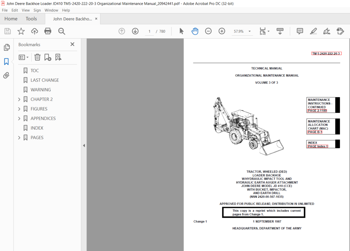 John Deere Backhoe Loader JD410 Organizational Maintenance Manual Vol 3 ...