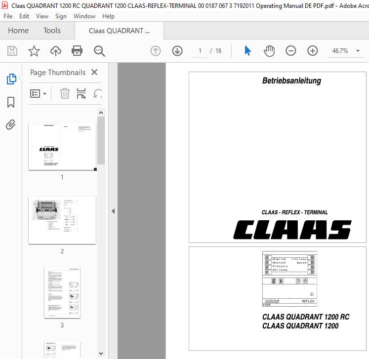 Claas Quadrant 1200RC Spare Parts Catalogue Original Manual PDF catalog 