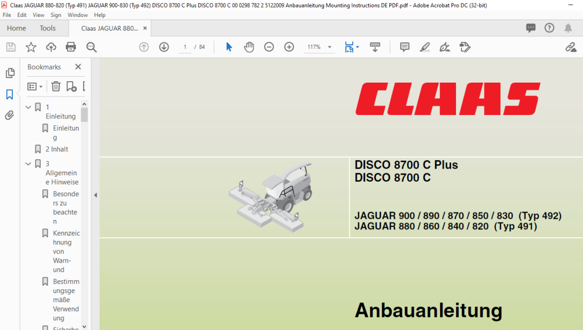 Catalogue De Pièces Détachées Pour Claas Jaguar 8700, 800-890 Série - Neuf