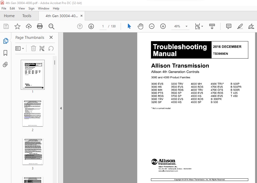Allison Transmission 3000 & 4000 Product Families Troubleshooting
