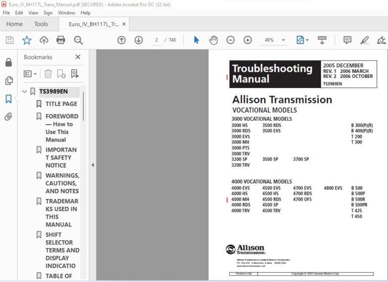 Allison Transmission 3000 & 4000 Product Families Troubleshooting