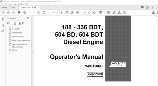 Case 188 - 336 BDT 504 BD 504 BDT Diesel Engine Operator's Manual ...