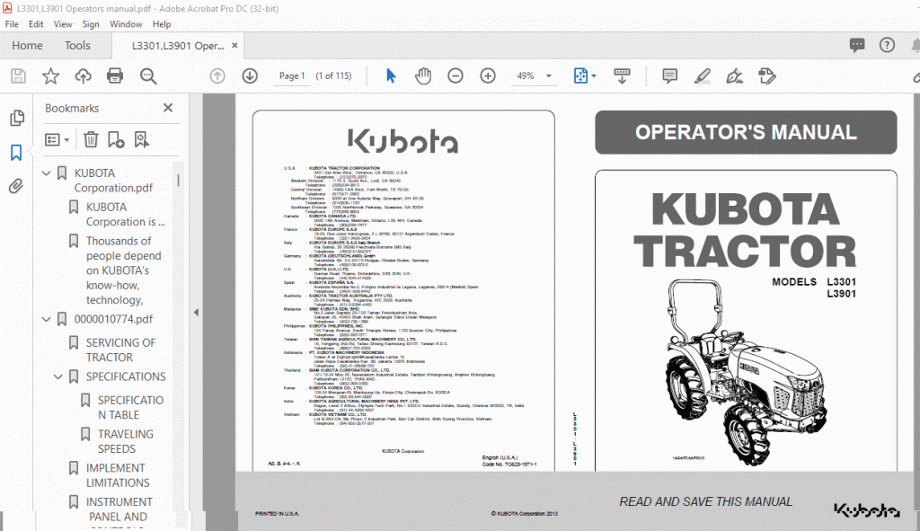 Kubota L3301 L3901 Tractor Operator
