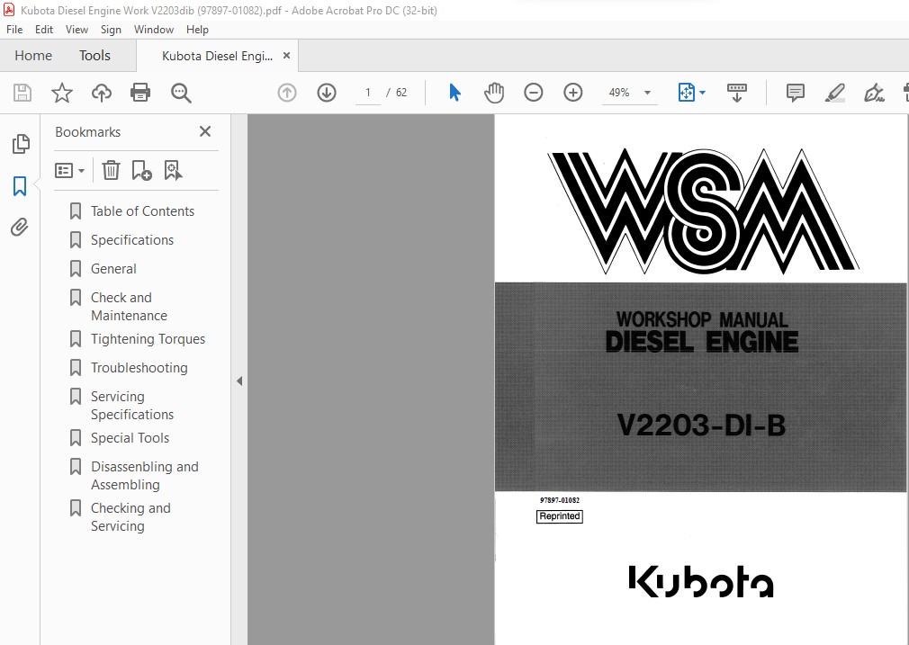 Kubota V2203DIB Diesel Engine Manual PDF DOWNLOAD