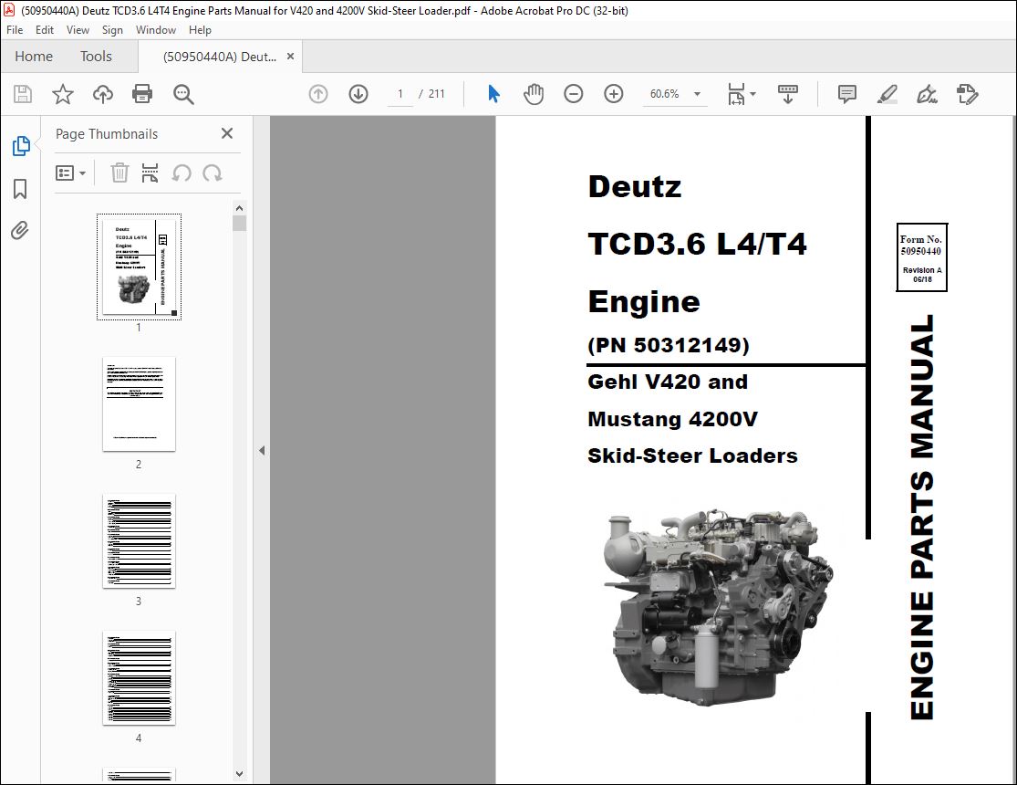 Deutz TCD3.6 L4T4 Gehl V420 and Mustang 4200V Skid-Steer Loaders ENGINE  PARTS MANUAL (50950440A) - PDF DOWNLOAD - HeyDownloads - Manual Downloads