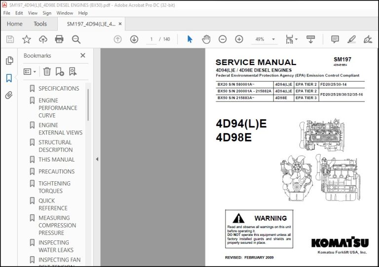Komatsu 4D94(L)E 4D98E Diesel Engines Service Manual SM197 4D94E-BE4 ...
