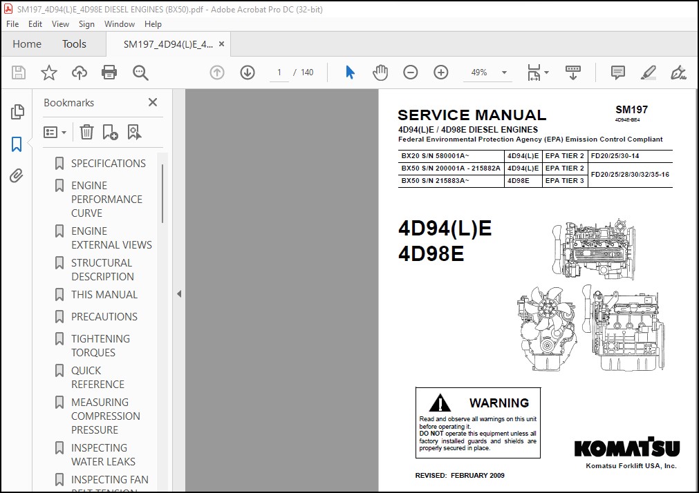 Komatsu 4D94(L)E 4D98E Diesel Engines Service Manual SM197 4D94E-BE4 ...