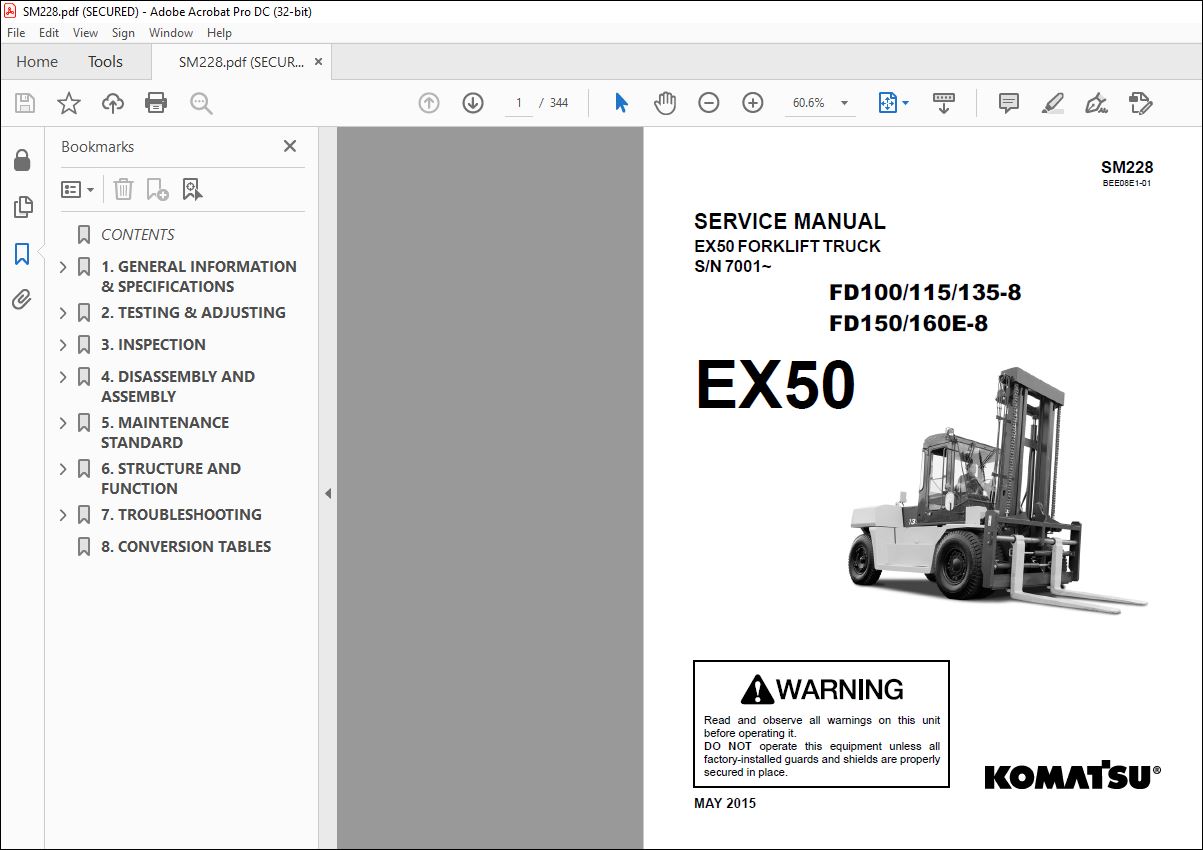 Komatsu FD1008 FD1158 FD1358 FD1508 FD160E8 EX50 Forklift Truck