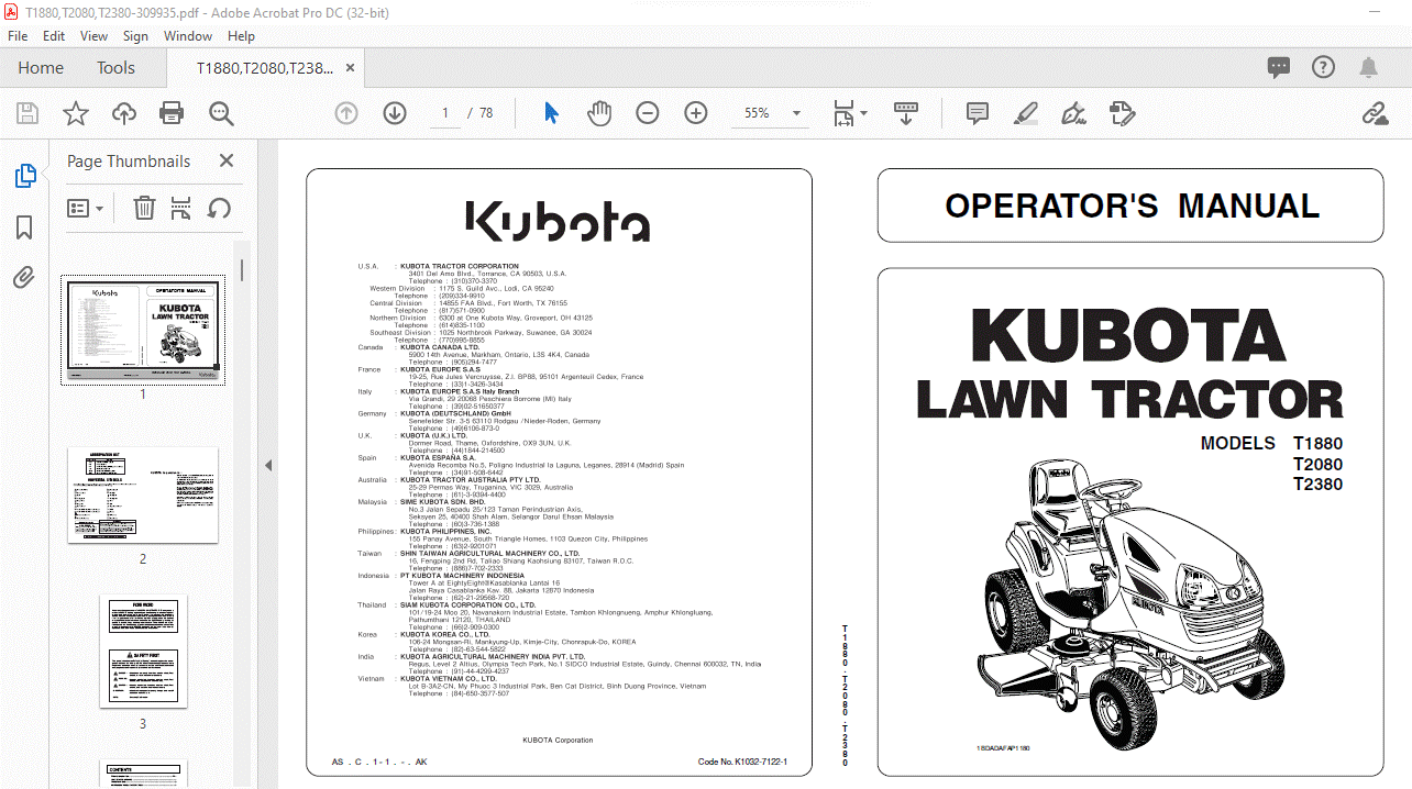 Kubota T1880 T2080 T2380 Lawn Trractor Operators Manual Pdf Download